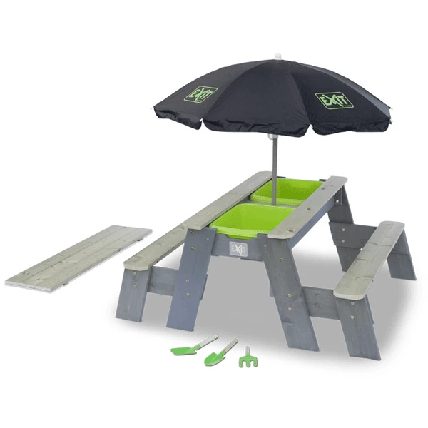 EXIT TOYS EXIT Aksent Zand-, Water- En Picknicktafel (2 Bankjes) Met Parasol En Tuingereedschap 1 EXIT TOYS EXIT Aksent Zand-, Water- En Picknicktafel (2 Bankjes) Met Parasol En Tuingereedschap